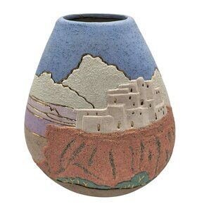 Handcrafted Ceramic Southwest Desert Landscape Vase Gold Multicolor Pottery